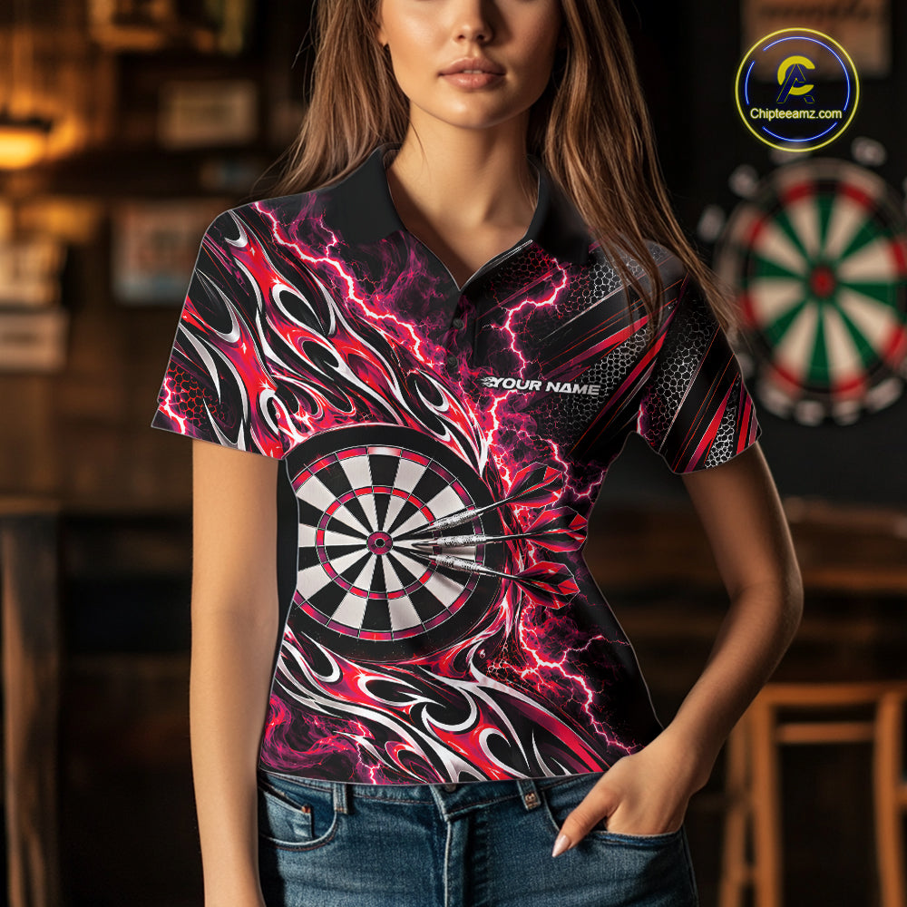 Custom Black And Red Flame And Lightning Dart Team Polo Shirt For Women, Dart Jersey IPHW12585