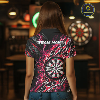 Custom Black And Red Flame And Lightning Dart Team Polo Shirt For Women, Dart Jersey IPHW12585