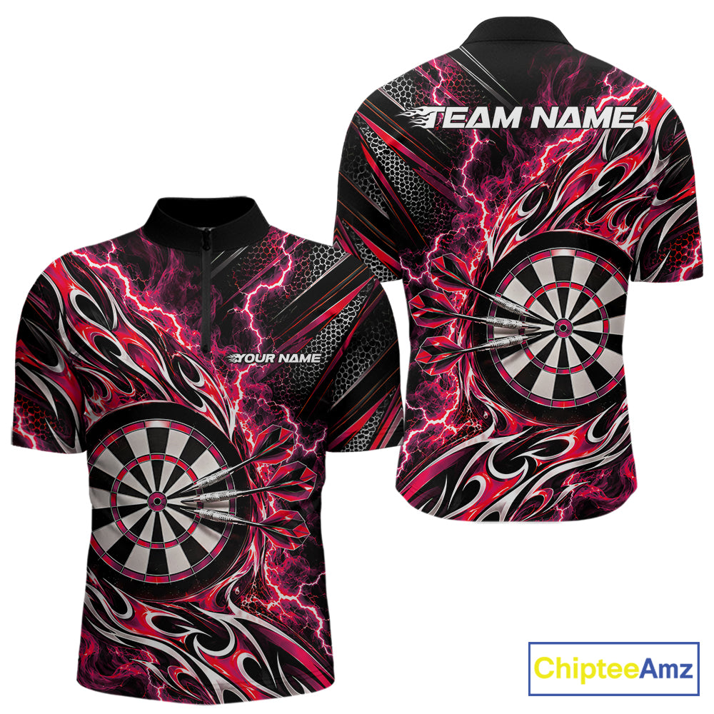 Custom Black And Red Flame And Lightning Dart Team Quarter Zip Shirt For Men, Dart Jersey IPHW12585