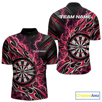 Custom Black And Red Flame And Lightning Dart Team Quarter Zip Shirt For Men, Dart Jersey IPHW12585