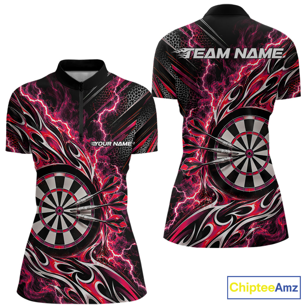 Custom Black And Red Flame And Lightning Women Dart Quarter-Zip Shirt, Dart Jersey IPHW12585