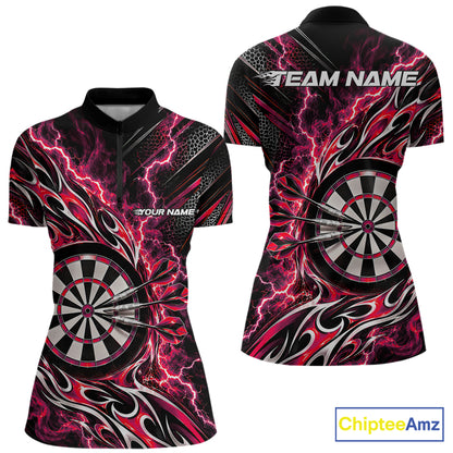 Custom Black And Red Flame And Lightning Women Dart Quarter-Zip Shirt, Dart Jersey IPHW12585