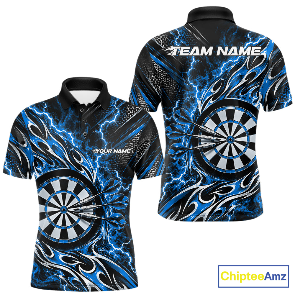 Custom Black And Blue Flame And Lightning Dart Team Polo Shirt For Men, Dart Jersey IPHW12586