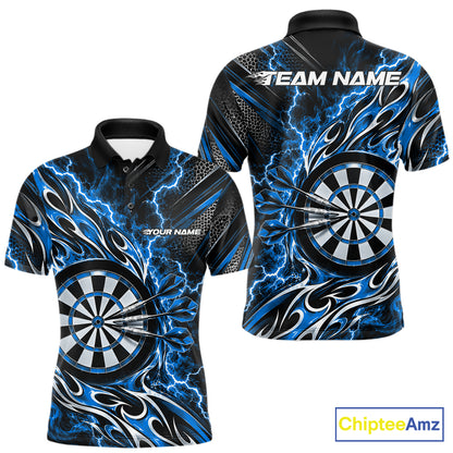 Custom Black And Blue Flame And Lightning Dart Team Polo Shirt For Men, Dart Jersey IPHW12586