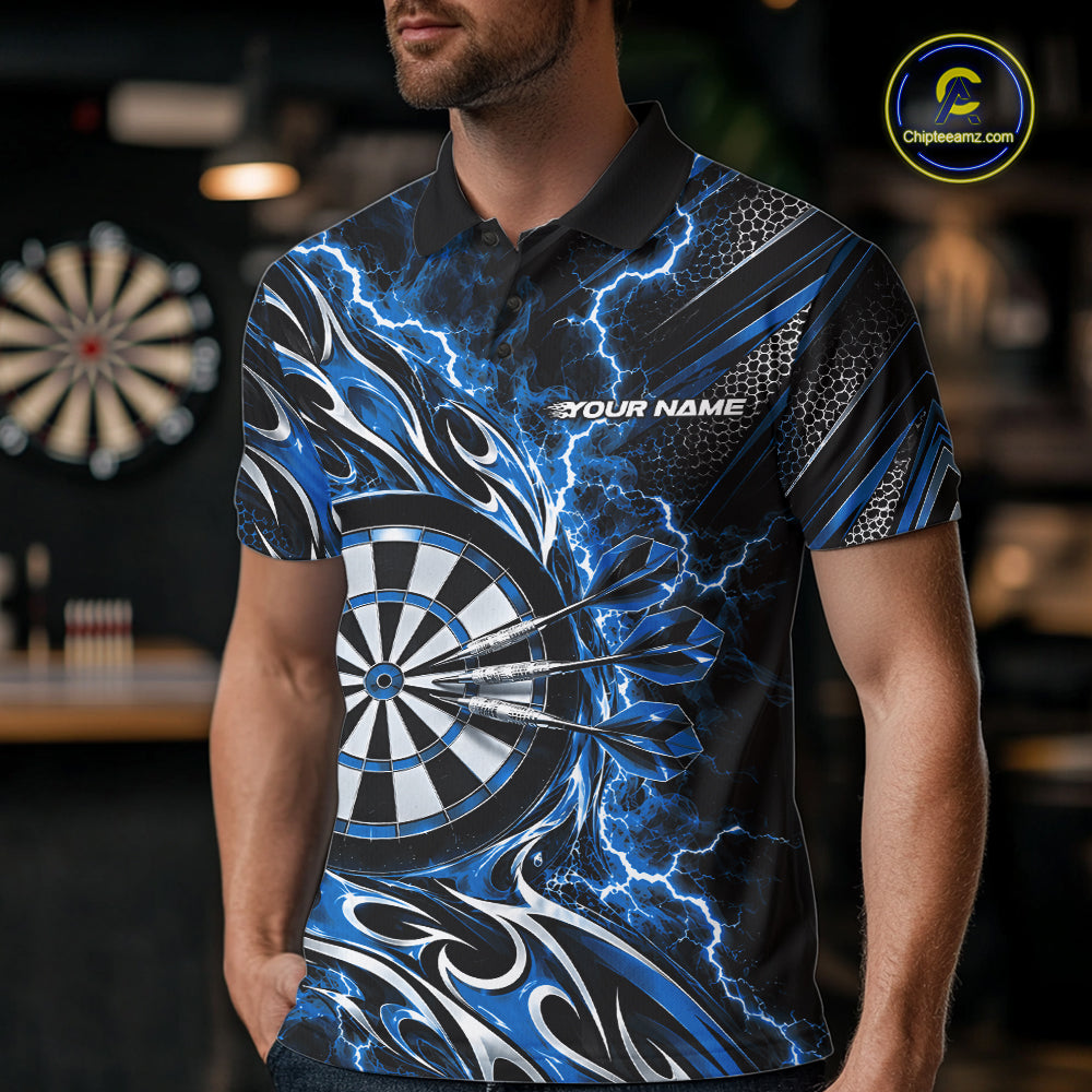 Custom Black And Blue Flame And Lightning Dart Team Polo Shirt For Men, Dart Jersey IPHW12586