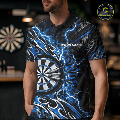 Custom Black And Blue Flame And Lightning Dart Team Polo Shirt For Men, Dart Jersey IPHW12586