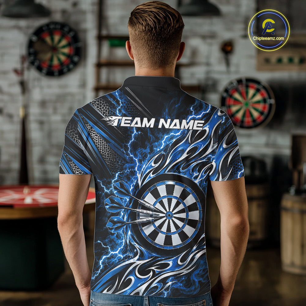 Custom Black And Blue Flame And Lightning Dart Team Polo Shirt For Men, Dart Jersey IPHW12586