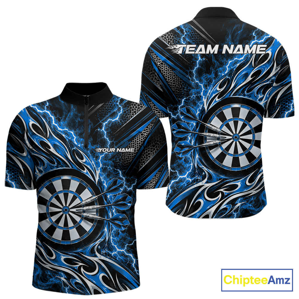 Custom Black And Blue Flame And Lightning Dart Team Quarter Zip Shirt For Men, Dart Jersey IPHW12586