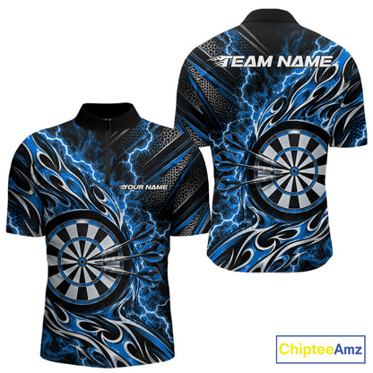 Custom Black And Blue Flame And Lightning Dart Team Quarter Zip Shirt For Men, Dart Jersey IPHW12586