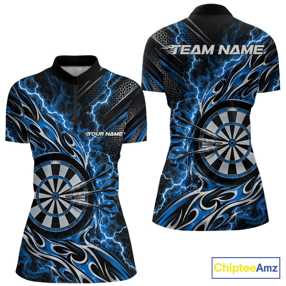 Custom Black And Blue Flame And Lightning Women Dart Quarter-Zip Shirt, Dart Jersey IPHW12586