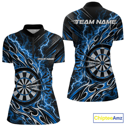 Custom Black And Blue Flame And Lightning Women Dart Quarter-Zip Shirt, Dart Jersey IPHW12586