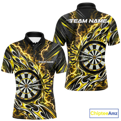 Custom Black And Yellow Flame And Lightning Dart Team Polo Shirt For Men, Dart Jersey IPHW12587
