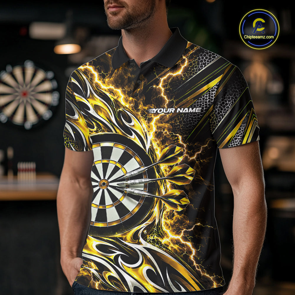 Custom Black And Yellow Flame And Lightning Dart Team Polo Shirt For Men, Dart Jersey IPHW12587