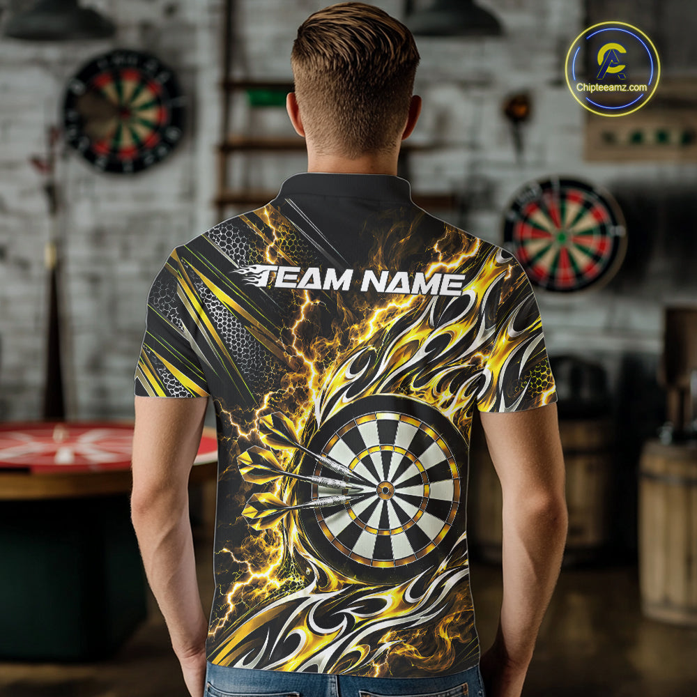 Custom Black And Yellow Flame And Lightning Dart Team Polo Shirt For Men, Dart Jersey IPHW12587