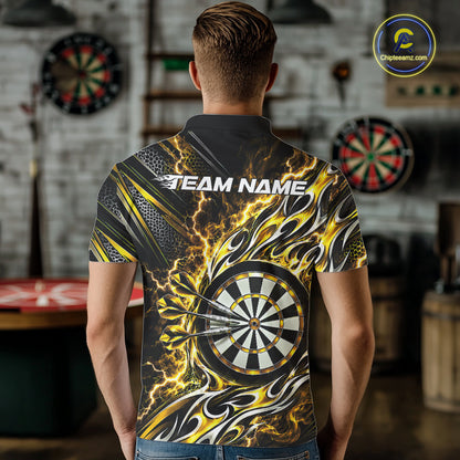 Custom Black And Yellow Flame And Lightning Dart Team Polo Shirt For Men, Dart Jersey IPHW12587