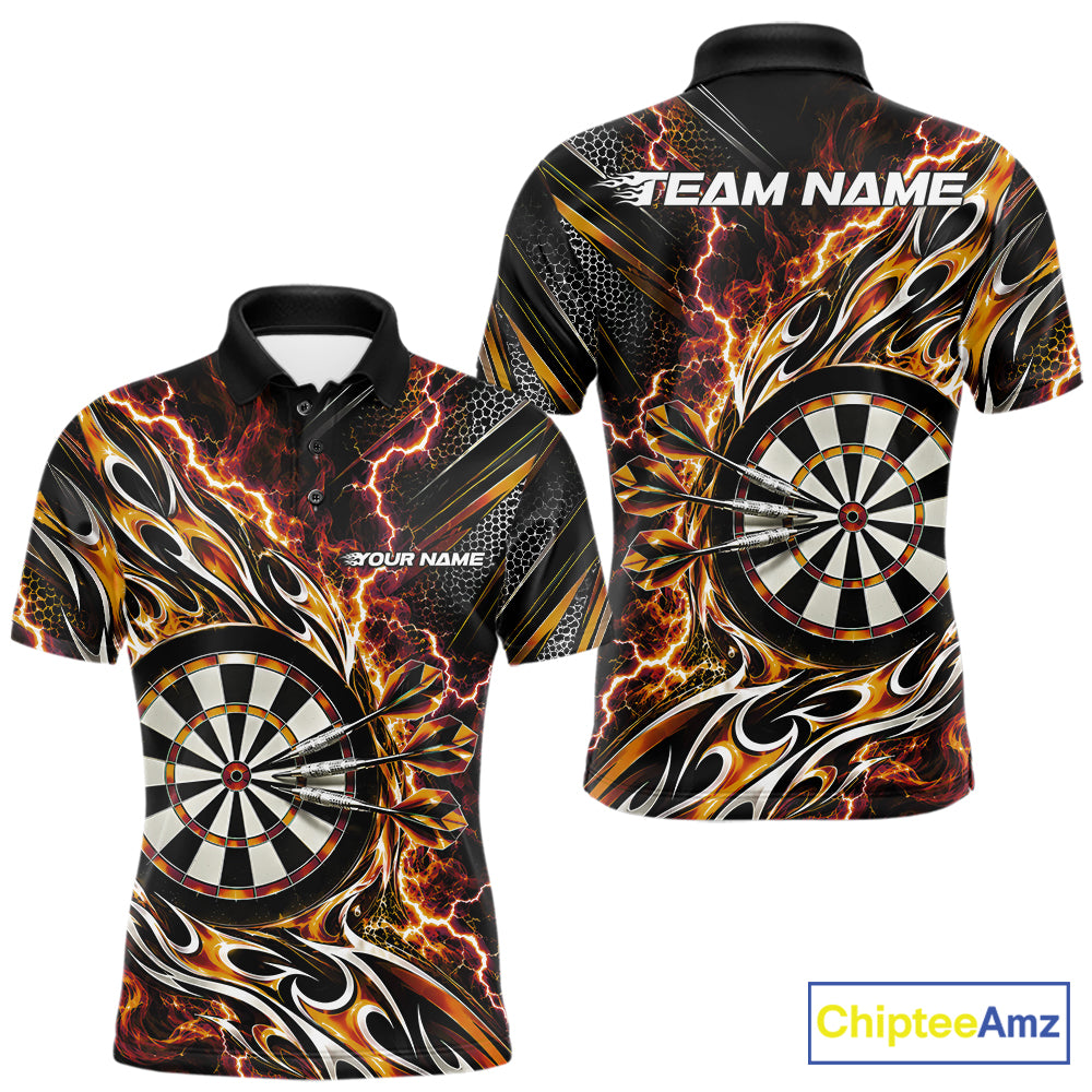 Custom Black And Orange Flame And Lightning Dart Team Polo Shirt For Men, Dart Jersey IPHW12588