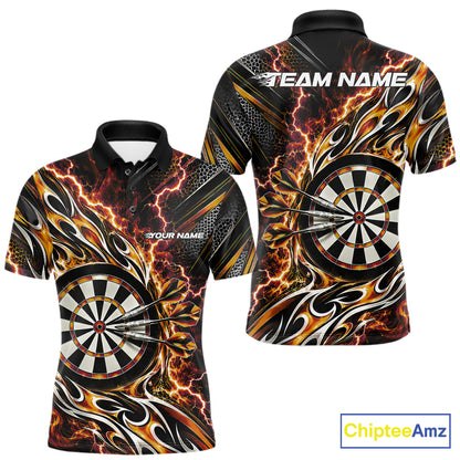 Custom Black And Orange Flame And Lightning Dart Team Polo Shirt For Men, Dart Jersey IPHW12588
