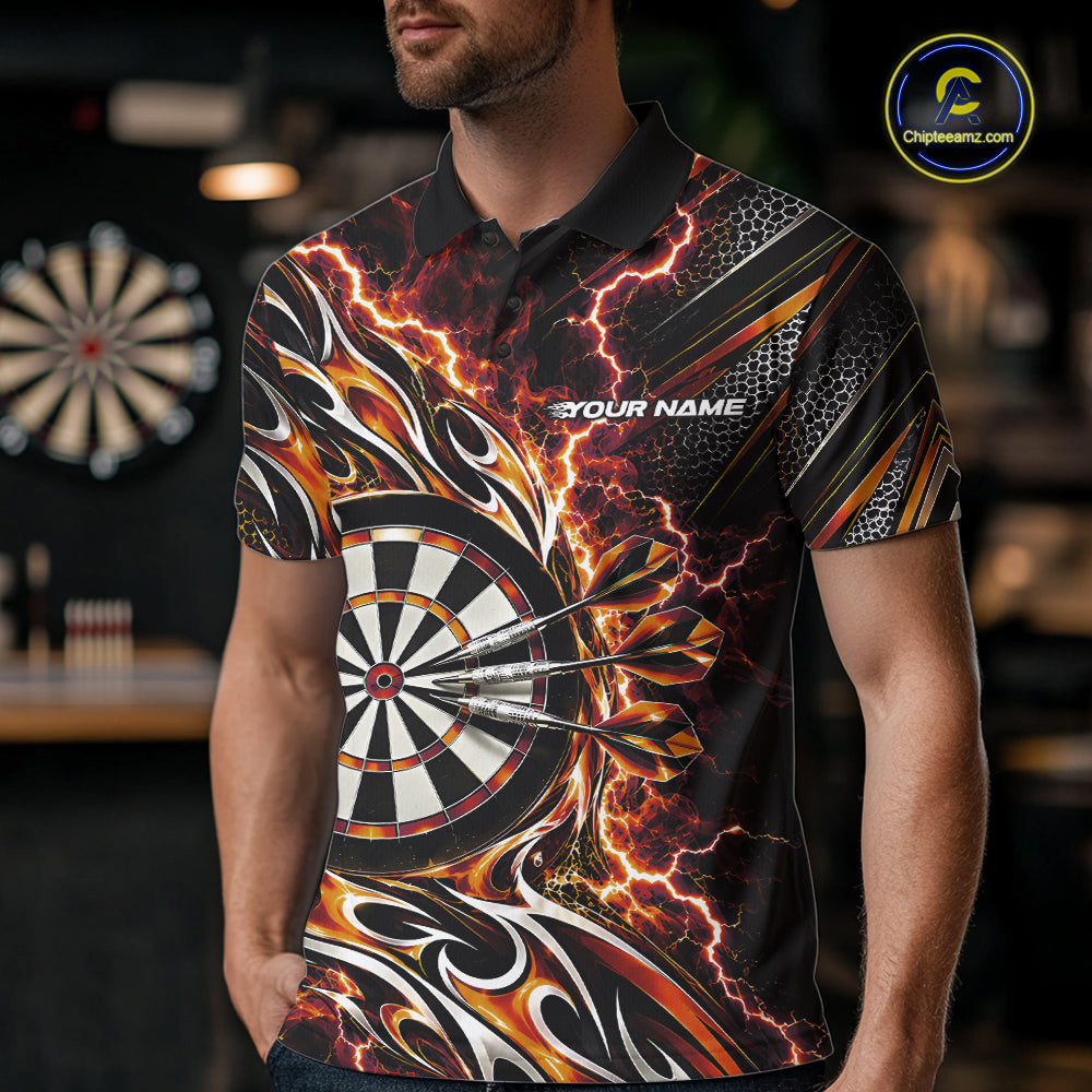 Custom Black And Orange Flame And Lightning Dart Team Polo Shirt For Men, Dart Jersey IPHW12588