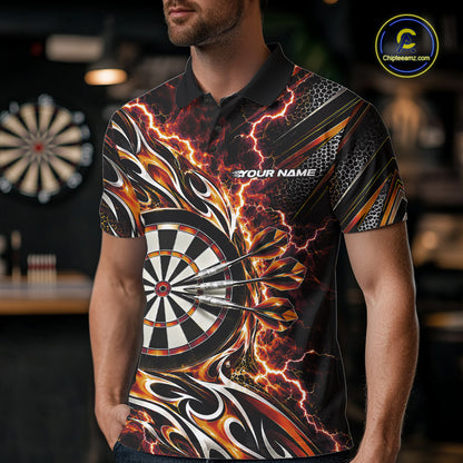 Custom Black And Orange Flame And Lightning Dart Team Polo Shirt For Men, Dart Jersey IPHW12588