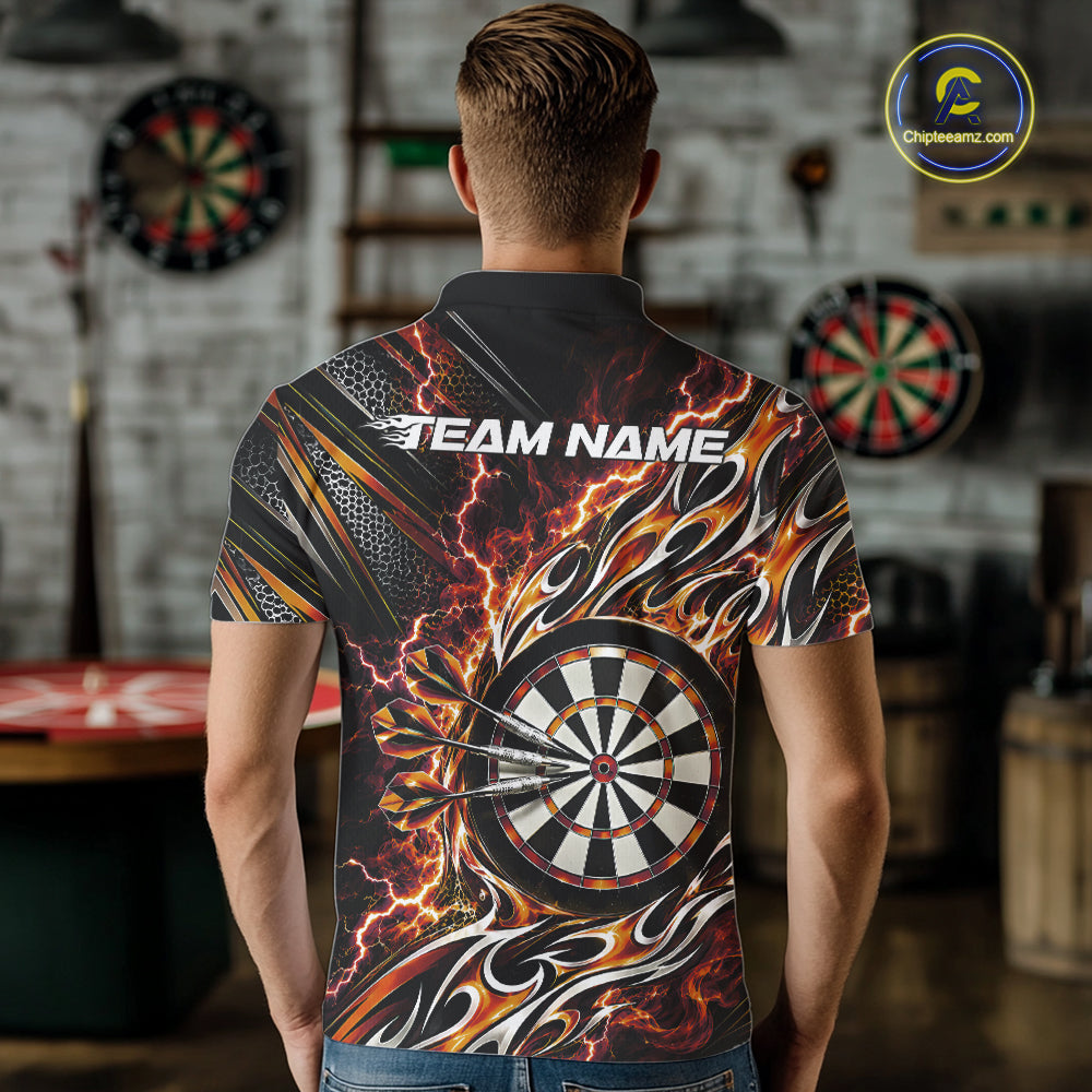 Custom Black And Orange Flame And Lightning Dart Team Polo Shirt For Men, Dart Jersey IPHW12588