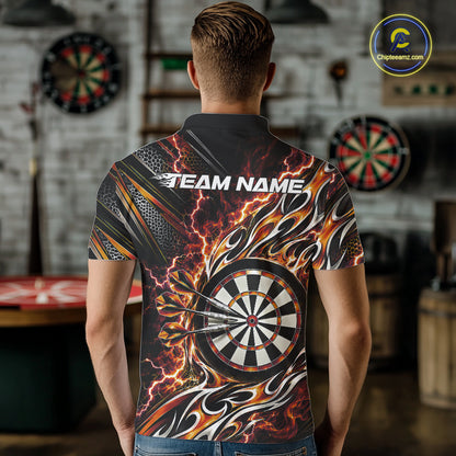 Custom Black And Orange Flame And Lightning Dart Team Polo Shirt For Men, Dart Jersey IPHW12588