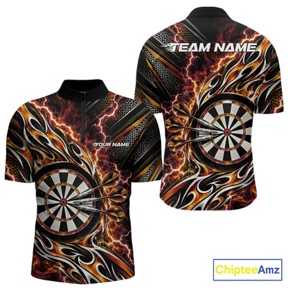 Custom Black And Orange Flame And Lightning Dart Team Quarter Zip Shirt For Men, Dart Jersey IPHW12588