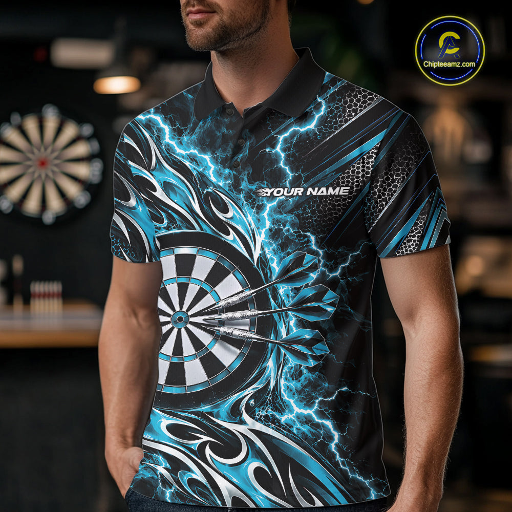 Custom Black And Turquoise Flame And Lightning Dart Team Polo Shirt For Men, Dart Jersey IPHW12589