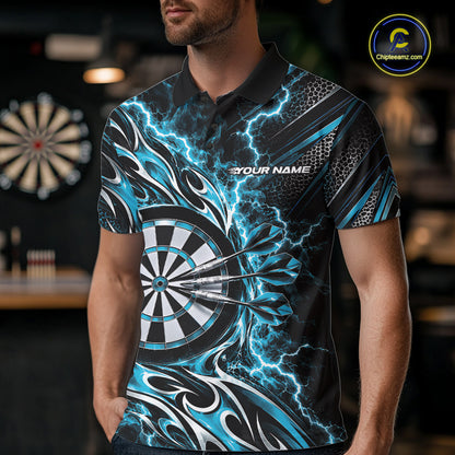 Custom Black And Turquoise Flame And Lightning Dart Team Polo Shirt For Men, Dart Jersey IPHW12589