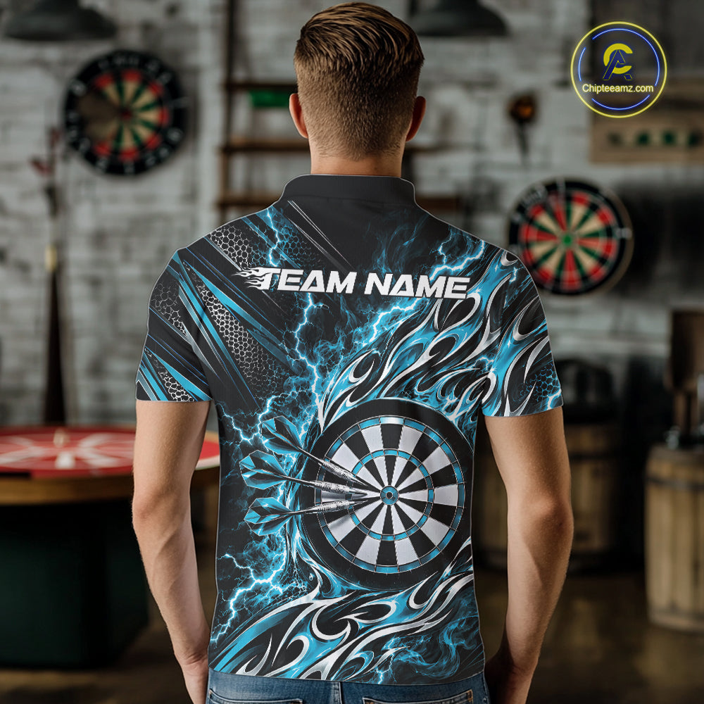 Custom Black And Turquoise Flame And Lightning Dart Team Polo Shirt For Men, Dart Jersey IPHW12589