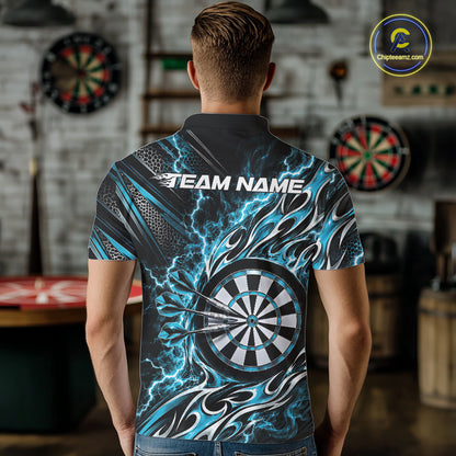 Custom Black And Turquoise Flame And Lightning Dart Team Polo Shirt For Men, Dart Jersey IPHW12589