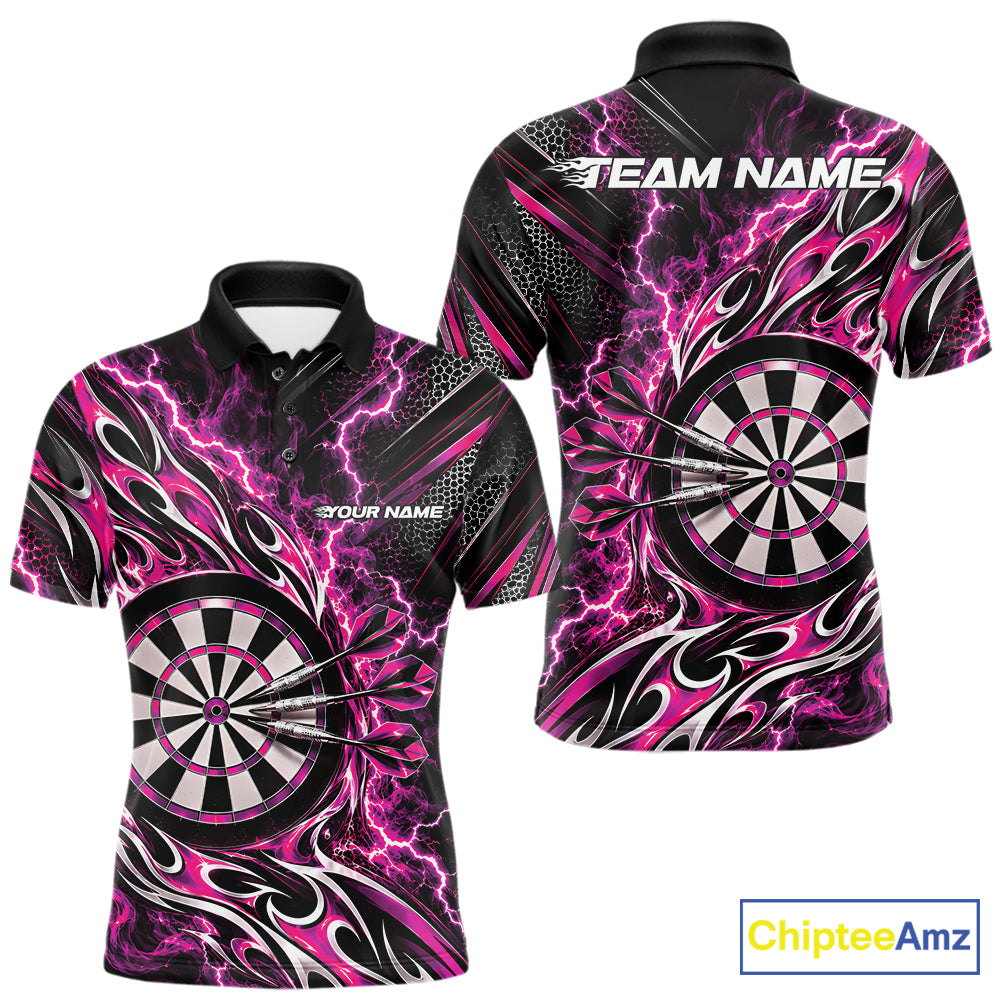 Custom Black And Pink Flame And Lightning Dart Team Polo Shirt For Men, Dart Jersey IPHW12590