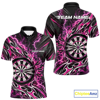 Custom Black And Pink Flame And Lightning Dart Team Polo Shirt For Men, Dart Jersey IPHW12590