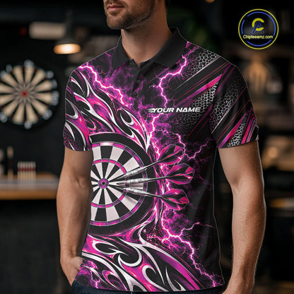 Custom Black And Pink Flame And Lightning Dart Team Polo Shirt For Men, Dart Jersey IPHW12590