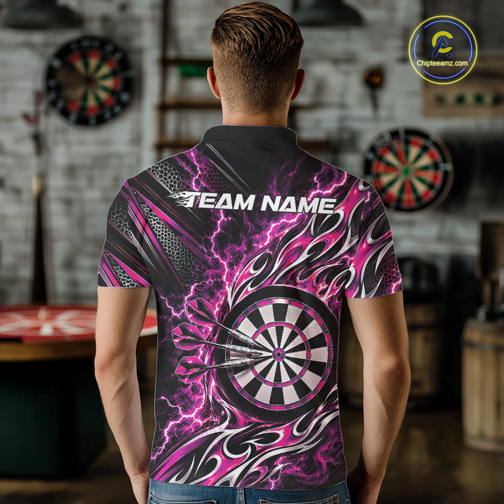 Custom Black And Pink Flame And Lightning Dart Team Polo Shirt For Men, Dart Jersey IPHW12590