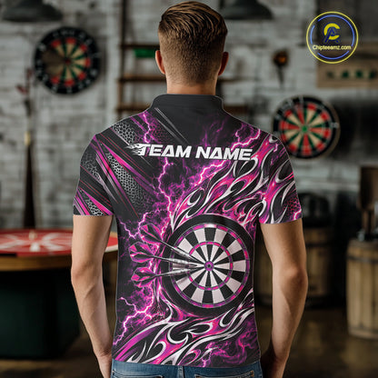 Custom Black And Pink Flame And Lightning Dart Team Polo Shirt For Men, Dart Jersey IPHW12590