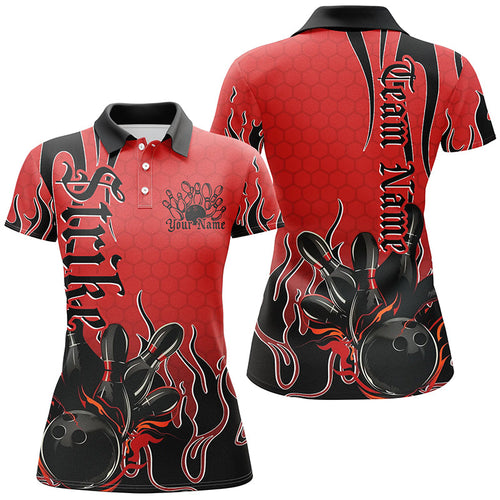 Black And Red Custom Tribal Flame Bowling Shirt For Women, Bowling Team Shirt Bowler Jersey IPHW7941