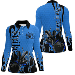 Black And Blue Custom Tribal Flame Ladies Bowling Shirts, Bowling Team Shirt Bowler Jersey IPHW7942