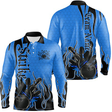 Load image into Gallery viewer, Black And Blue Custom Tribal Flame Bowling Shirts For Men, Bowling Team Shirt Bowler Jersey IPHW7942