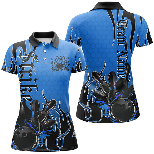 Black And Blue Custom Tribal Flame Ladies Bowling Shirts, Bowling Team Shirt Bowler Jersey IPHW7942