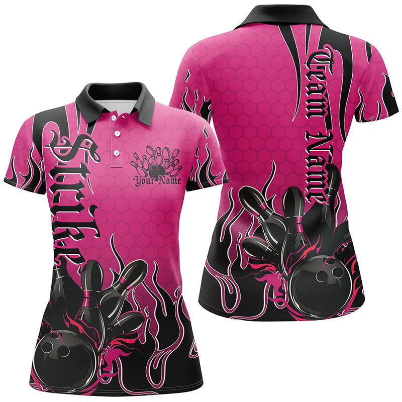 Black And Pink Custom Tribal Flame Ladies Bowling Shirts, Bowling Team Shirt Bowler Jersey IPHW7943