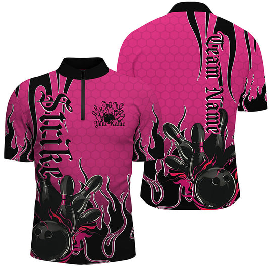 Black And Pink Custom Tribal Flame Bowling Shirts For Men, Bowling Team Shirt Bowler Jersey IPHW7943