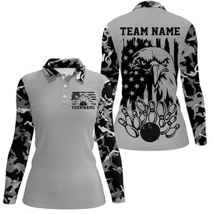 American Flag Eagle Custom Gray Camo Patriotic Bowling Shirts For Women, Us Bowling Shirt IPHW7944