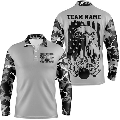 American Flag Eagle Custom Gray Camo Patriotic Bowling Shirts For Men, Us Bowling League Shirt IPHW7944