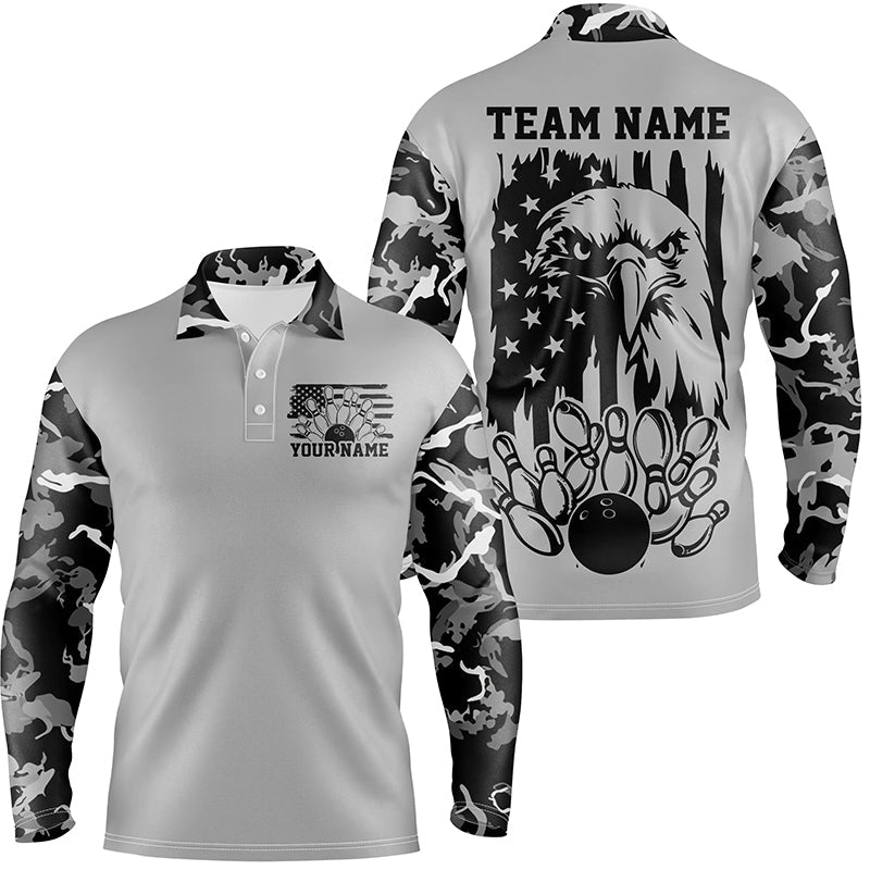American Flag Eagle Custom Gray Camo Patriotic Bowling Shirts For Men, Us Bowling League Shirt IPHW7944