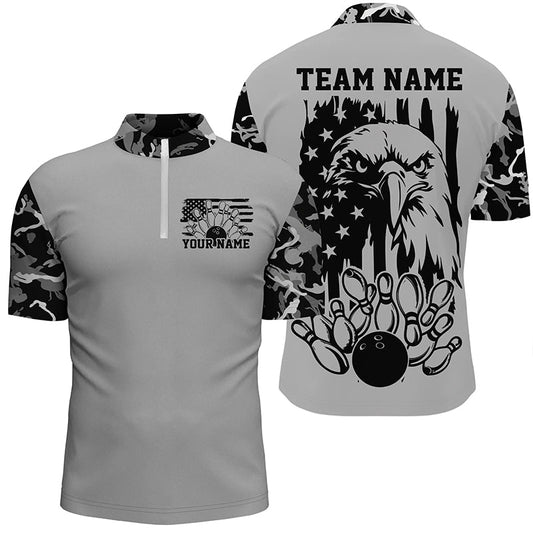 American Flag Eagle Custom Gray Camo Patriotic Bowling Shirts For Men, Us Bowling League Shirt IPHW7944
