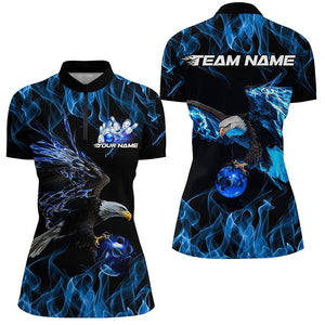 Blue Flame Eagle Custom Bowling Team Shirts For Women, Fire Bowling League Shirt IPHW7948