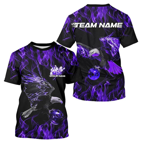 Purple Flame Eagle Custom Bowling Team T-Shirts For Men, Fire Bowling League IPHW7950