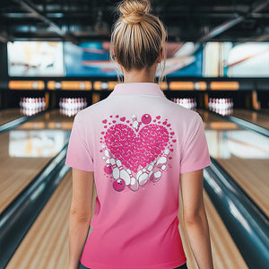 Custom Pink Bowling Heart Polo Shirts For Women, Valentine Bowling Couple Outfits IPHW8361