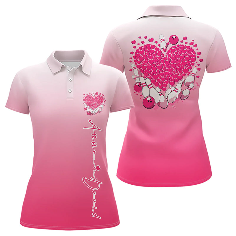 Custom Pink Bowling Heart Polo Shirts For Women, Valentine Bowling Couple Outfits IPHW8361