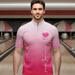 Custom Pink Bowling Heart Quarter-Zip Shirts For Men, Valentine Bowling Couple Outfits IPHW8361